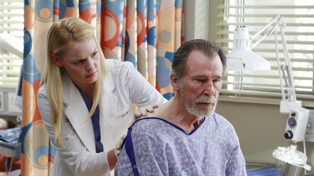 GREY'S ANATOMY - "Scars and Souvenirs" - The race for chief heats up after a new competitor enters the fray, tensions escalate between Izzie and George, and Callie must reveal a big secret. Meanwhile, Derek treats a patient near and dear to him, while Alex continues his work with Jane Doe, on "Grey's Anatomy," THURSDAY, MARCH 15 (9:00-10:01 p.m., ET) on the ABC Television Network. (ABC/RON TOM)KATHERINE HEIGL, JAMES GAMMON