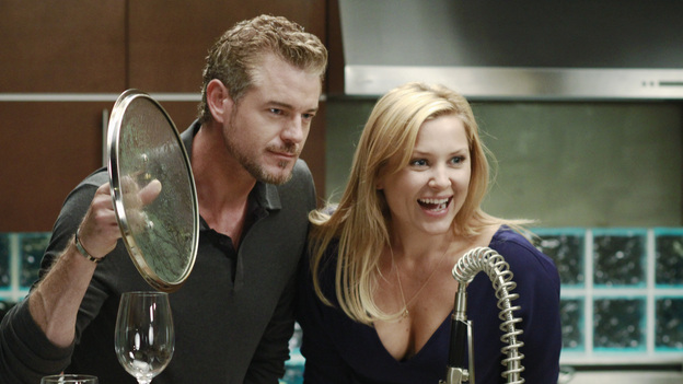 GREY'S ANATOMY - "Poker Face" - After being blackballed by most of the surgeons, Meredith uses Lexie to spark Derek's interest in her patient's rare brain tumor case and, in secret, gives guidance to April with Bailey's clinical trial; Callie's wish for Arizona and Mark to form a friendship comes to fruition and she realizes it's more irritating than helpful; Alex and Teddy research alternative surgeries for a very superficial patient; and Callie and Cristina struggle with a very difficult spinal surgery, on Grey's Anatomy," THURSDAY, OCTOBER 20 (9:00-10:02 p.m., ET) on the ABC Television Network. (ABC/RON TOM)ERIC DANE, JESSICA CAPSHAW