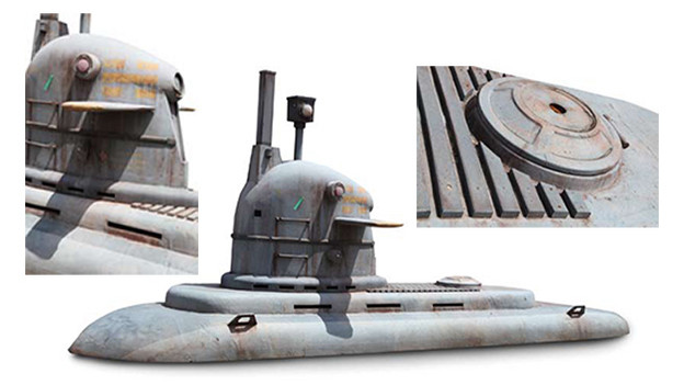 Galaga submarine conning tower and deckLarge section of the Galaga DHARMA submarine incorporating the conning tower and deckportion seen throughout Season Five when the submarine is docked. Measures approx. 25 ft. long x 120 in. tall. Constructed of fiberglass, polyfoamand metal.Related content:EPISODE RECAP - "The Man from Tallahassee"EPISODE RECAP - "The Incident"PHOTOS - The Galaga