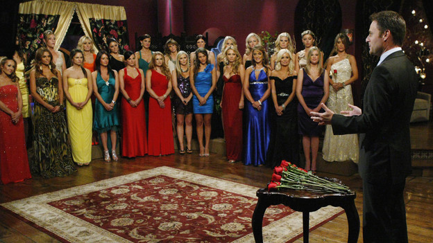 THE BACHELOR - "Episode 1501" - In "Episode 1501," Brad returns to the Malibu mansion, but is caught completely off guard when Chris Harrison escorts in two surprise guests - DeAnna and Jenni! As if he weren't anxious enough, Brad must face the two women he scorned three years ago. He attempts to sincerely apologize to them, but will they accept his heartfelt mea culpa? The 30 women are not sure whom they're going to meet, and there is no telling how they'll react when they find out who the controversial man is. Brad knows he has a lot to prove, and his worst fears are confirmed when the first bachelorette greets him with a slap to the face. Many of the women question Brad's intentions, but things lighten up when one emotional bachelorette jumps into his arms, and then a fun-loving nanny playfully grabs his rear end, when "The Bachelor" premieres MONDAY, JANUARY 3 (8:00-10:01 p.m., ET) on the ABC Television Network. (ABC/RICK ROWELL) BACK ROW: JACKIE (OBSCURED), BRITNEE, BRITT, STACEY, ALLI, KELTIE, REBECCA, LISA P., SARAH P., LACEY, LAUREN, ASHLEY S.;  FRONT ROW: ASHLEY H., MICHELLE, SHAWNTEL, CHANTAL, J, LINDSAY, KIMBERLY, LISA M., MADISON, J, EMILY, CRISTY