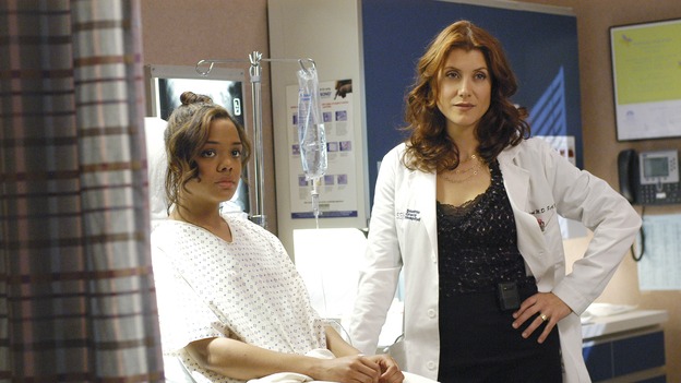 GREY'S ANATOMY - In the first hour of part two of the season finale of ABC's "Grey's Anatomy" -- "Deterioration of the Fight or Flight Response" -- Izzie and George attend to Denny as the pressure increases to find him a new heart, Cristina suddenly finds herself in charge of an ER, and Derek grapples with the realization that the life of a friend is in his hands. In the second hour, "Losing My Religion," Richard goes into interrogation mode about a patient's condition, Callie confronts George about his feelings for her, and Meredith and Derek meet about Doc. Part two of the season finale of "Grey's Anatomy" airs MONDAY, MAY 15 (9:00-11:00 p.m., ET) on the ABC Television Network. (ABC/GALE ADLER)TESSA THOMPSON, KATE WALSH