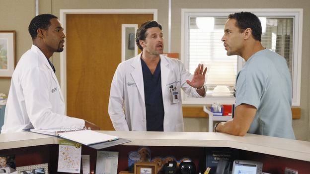 GREY'S ANATOMY - "What Is It About Men" - The doctors of Seattle Grace are called upon to man up when a stampede at a comic book convention causes an influx of colorful characters in the ER&Ntilde;blurring the lines of fantasy and reality; Mark shows his softer side with baby Sofia when Arizona and Callie go out of town, but at work he continues to give Jackson a hard time; Ben returns to the ER, only to find that Nurse Eli has moved in on Bailey; and the male doctors bond over their frustrations with women, on a special all-boys episode of "Grey's Anatomy," THURSDAY, OCTOBER 6 (9:00-10:02 p.m., ET) on the ABC Television Network. (ABC/VIVIAN ZINK)JASON GEORGE, PATRICK DEMPSEY, DANIEL SUNJATA