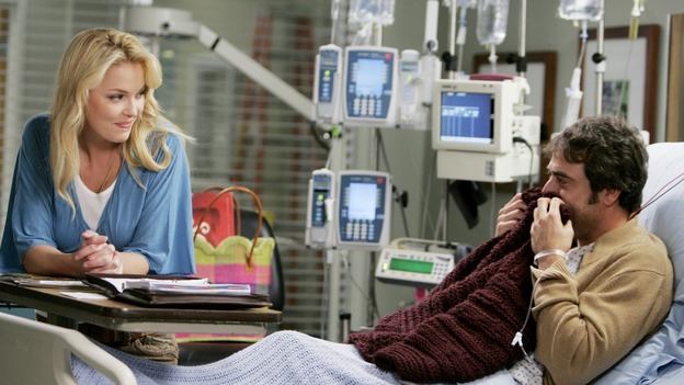GREY'S ANATOMY - "Name of the Game" - George begins to overstay his welcome at Burke's apartment; Meredith learns a secret about her father; Bailey worries her colleagues will not treat her the same now that she's a mother; and Alex gets a lesson in bedside manners, on "Grey's Anatomy," SUNDAY, APRIL 2 (10:00-11:00 p.m., ET) on the ABC Television Network. (ABC/PETER "HOPPER" STONE)KATHERINE HEIGL, JEFFREY DEAN MORGAN