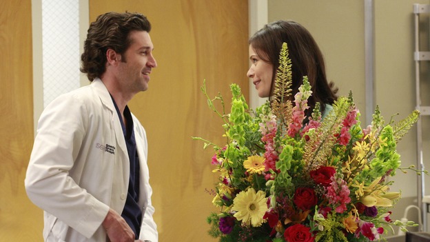 GREY'S ANATOMY - "Where the Wild Things Are" - Six weeks after Derek and Meredith ended their relationship and Derek began dating Rose, Meredith and her fellow residents, Alex, Izzie and Cristina, compete in a surgical contest, with Bailey serving as judge. Meanwhile interns George and Lexie adjust to their new, squalid apartment, and Callie finds a friend in her roommate Cristina's nemesis, Erica Hahn, on "Grey's Anatomy," THURSDAY, APRIL 24 (9:00-10:01 p.m., ET) on the ABC Television Network. (ABC/RON TOM)PATRICK DEMPSEY, LAUREN STAMILE