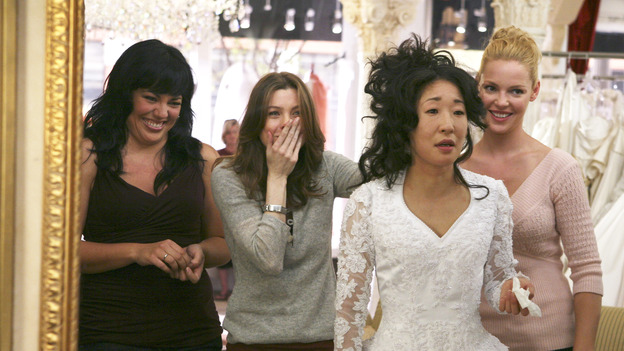 GREY'S ANATOMY - "The Other Side of This Life" - Addison takes temporary leave from Seattle Grace and makes a road trip to Los Angeles in order to visit some old friends from medical school. As Meredith continues to bond with her stepmother, Susan, Cristina reluctantly plans her wedding with the assistance of her mother, Helen, and Burke's mother, Mama Jane. Meanwhile, Derek must perform  emergency surgery on Ava/Jane Doe, as Alex continues his unfailing bedside manner with her, on "Grey's Anatomy," THURSDAY, MAY 3 (9:00-11:00 p.m., ET) on the ABC Television Network. (ABC/KAREN NEAL)SARA RAMIREZ, ELLEN POMPEO, SANDRA OH, KATHERINE HEIGL