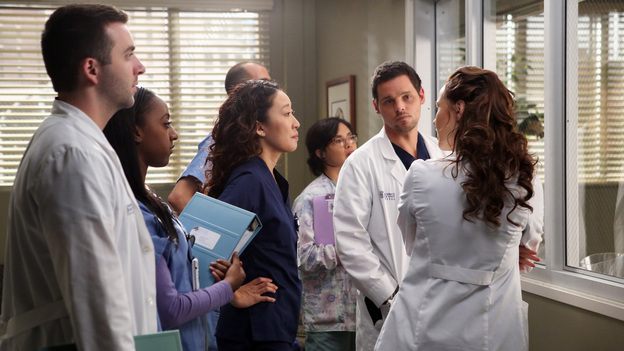 GREY'S ANATOMY - "The End is the Beginning is the End" - Meredith, Derek, Cristina and Arizona receive big news regarding the plane crash lawsuit, Richard avoids Catherine's romantic advances and Jackson takes on one of Mark Sloane's old patients. Meanwhile, Derek begins recovery on his hand, on "Grey's Anatomy," THURSDAY, JANUARY 17 (9:00-10:02 p.m., ET) on the ABC Television Network. (ABC/DANNY FELD)SANDRA OH, JUSTIN CHAMBERS, CAMILLA LUDDINGTON