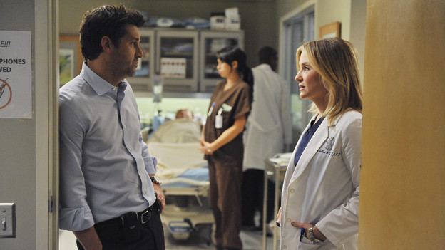 GREY'S ANATOMY - "Valentine's Day Massacre" -- It's Valentine's Day, and the doctors must treat dozens of injured people after the roof collapses at a popular romantic restaurant; Derek tries to manage his busy schedule as Chief of Surgery; Meredith wrestles with her new duties as the Chief's wife; and Mark and Callie team up to convince Sloan to do the right thing for her baby, on "Grey's Anatomy," THURSDAY, FEBRUARY 11 (9:00-10:01 p.m., ET) on the ABC Television Network. (ABC/ERIC MCCANDLESS)PATRICK DEMPSEY, JESSICA CAPSHAW