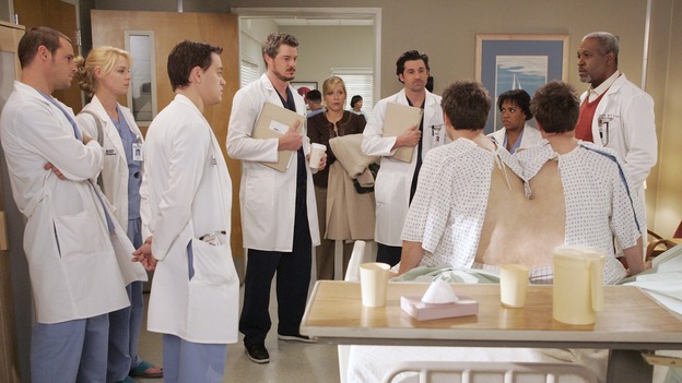GREY'S ANATOMY - "Don't Stand So Close to Me" - Recent events strain Burke and Cristina's relationship, Meredith's half-sister, Molly, is admitted to the hospital, and Mark and Sloan must work together when two close-knit brothers seek medical help, on "Grey's Anatomy," THURSDAY, NOVEMBER 30 (9:00-10:01 p.m., ET) on the ABC Television Network. (ABC/VIVIAN ZINK)JUSTIN CHAMBER, KATHERINE HEIGL, T.R. KNIGHT, ERIC DANE, JENNIFER ASPEN, PATRICK DEMPSEY, RANDY SKLAR, CHANDRA WILSON, JASON SKLAR, JAMES PICKENS, JR.