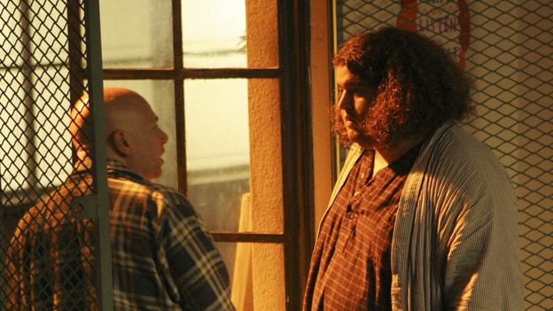 LOST - "Dave" - Libby lends Hurley support when he begins to think the island is having a strange effect on him, and Locke's sense of purpose is shaken when the prisoner provides new information about the hatch, on "Lost," WEDNESDAY, APRIL 5 (9:00-10:01 p.m., ET), on the ABC Television Network. (ABC/MARIO PEREZ) EVAN HANDLER, JORGE GARCIA