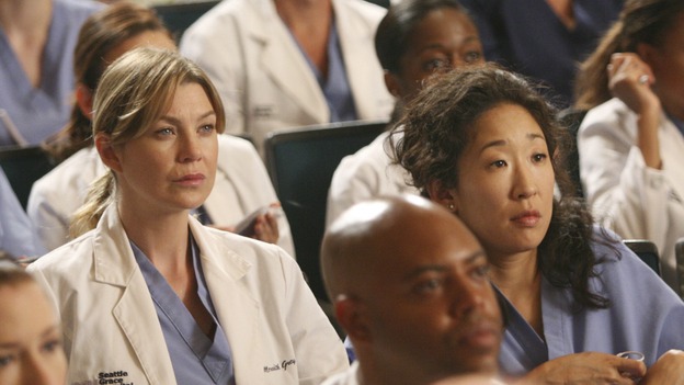 GREY'S ANATOMY - "Here Comes the Flood" - Meredith and Cristina listen to the Chief as he lays out his new rules for SGH, on "Grey's Anatomy," THURSDAY, OCTOBER 9 (9:00-10:01 p.m., ET) on the ABC Television Network. (ABC/DANNY FELD) CHYLER LEIGH, ELLEN POMPEO, SANDRA OH
