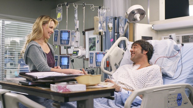 GREY'S ANATOMY - In the first hour of part two of the season finale of ABC's "Grey's Anatomy" -- "Deterioration of the Fight or Flight Response" -- Izzie and George attend to Denny as the pressure increases to find him a new heart, Cristina suddenly finds herself in charge of an ER, and Derek grapples with the realization that the life of a friend is in his hands. In the second hour, "Losing My Religion," Richard goes into interrogation mode about a patient's condition, Callie confronts George about his feelings for her, and Meredith and Derek meet about Doc. Part two of the season finale of "Grey's Anatomy" airs MONDAY, MAY 15 (9:00-11:00 p.m., ET) on the ABC Television Network. (ABC/SCOTT GARFIELD)KATHERINE HEIGL, JEFFREY DEAN MORGAN