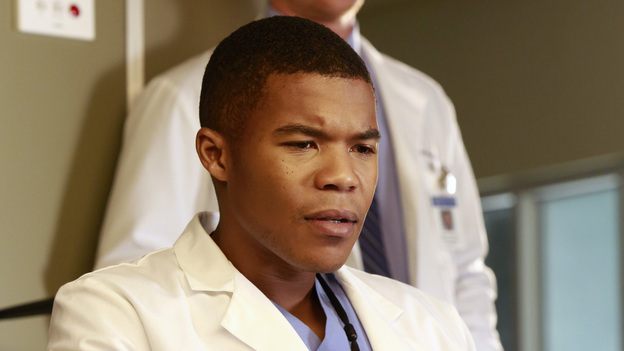 GREY'S ANATOMY - "Love Turns You Upside Down" - The new batch of interns find themselves involved in all the drama at Seattle Grace: Meredith asks Heather to go above and beyond to help fix Derek's hand; Cristina starts a healthy competition between Stephanie and Leah, which inadvertently leads to a medical emergency for Cristina's patient; Alex sees Jo in a new light as they work to save a baby's life, and April teaches Shane a valuable lesson during "lumps and bumps" duty, on "Grey's Anatomy," THURSDAY, DECEMBER 6 (9:00-10:02 p.m., ET) on the ABC Television Network. (ABC/RON TOM)GAIUS CHARLES, KEVIN MCKIDD