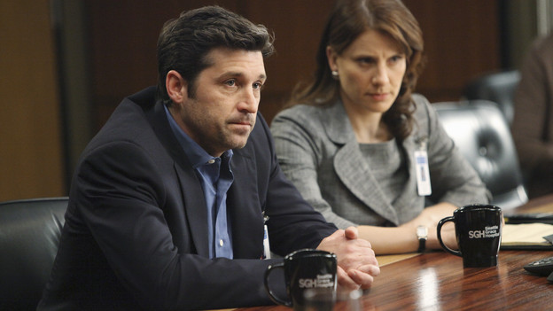 GREY'S ANATOMY - "How Insensitive" - Bailey preps the team with a mandatory sensitivity training prior to admitting a 700-pound patient with compounded medical issues, and the case proves to be challenging in every sense of the word. Meanwhile Derek has to come face to face with a former patient's husband in a wrongful death deposition, and spending time with a heart patient's daughter opens up some old wounds for Cristina, on "Grey's Anatomy," THURSDAY, MAY 6 (9:00-10:01 p.m., ET) on the ABC Television Network. (ABC/ADAM LARKEY) PATRICK DEMPSEY, MIA BARRON
