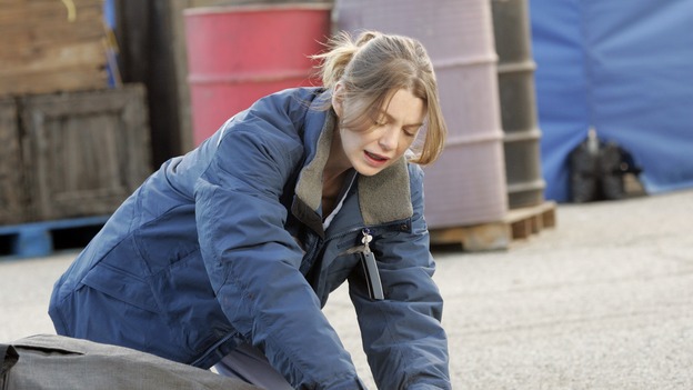 GREY'S ANATOMY - "Walk on Water" - Ellen Pompeo puts producer/technical advisor Linda Klein's coaching to practice while shooting "Grey's Anatomy" on location at the Santa Anita Park in Arcadia, California. (ABC/VIVIAN ZINK)