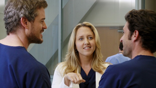 GREY'S ANATOMY - "Kung Fu Fighting" - With his marriage in turmoil, the Chief turns to his fellow male surgeons for a "gentleman's evening," Cristina and Izzie heatedly compete for the same surgeries and the favor of the doctor performing them, Meredith treats the survivor of a skydiving accident, and the doctors treat two injured finalists who are competing in a promotional competition, on "Grey's Anatomy," THURSDAY, NOVEMBER 1 (9:00-10:07 p.m., ET) on the ABC Television Network. (ABC/RON TOM)ERIC DANE, BROOKE SMITH, PATRICK DEMPSEY
