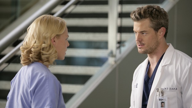 GREY'S ANATOMY - "Losing My Mind" - Dr. Wyatt refuses to let Meredith give up on therapy, Alex learns the truth about Rebecca's medical condition, the Chief insists that Erica perform a risky surgery on his mentor, and after receiving news of Burke, Cristina continues to do things contrary to her nature, going so far as cleaning her always-messy apartment, on "Grey's Anatomy," THURSDAY, MAY 15 (9:00-10:02 p.m., ET) on the ABC Television Network. (ABC/MITCH HADDAD)KATHERINE HEIGL, ERIC DANE
