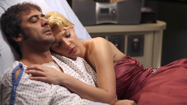 GREY'S ANATOMY - In the first hour of part two of the season finale of ABC's "Grey's Anatomy" -- "Deterioration of the Fight or Flight Response" -- Izzie and George attend to Denny as the pressure increases to find him a new heart, Cristina suddenly finds herself in charge of an ER, and Derek grapples with the realization that the life of a friend is in his hands. In the second hour, "Losing My Religion," Richard goes into interrogation mode about a patient's condition, Callie confronts George about his feelings for her, and Meredith and Derek meet about Doc. Part two of the season finale of "Grey's Anatomy" airs MONDAY, MAY 15 (9:00-11:00 p.m., ET) on the ABC Television Network. (ABC/SCOTT GARFIELD)JEFFERY DEAN MORGAN, KATHERINE HEIGL
