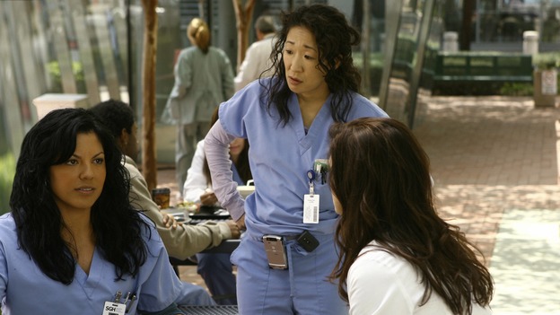 GREY'S ANATOMY - "Piece of My Heart" - Addison returns to Seattle Grace to perform an operation and is taken aback by all of the changes in her old co-workers' lives. Meanwhile Meredith and Derek's clinical trial has its first patient, and Rebecca/Ava returns with shocking news for Alex, on "Grey's Anatomy," THURSDAY, MAY 1 (9:00-10:01 p.m., ET) on the ABC Television Network.  (ABC/SCOTT GARFIELD)SARA RAMIREZ, SANDRA OH, KATE WALSH