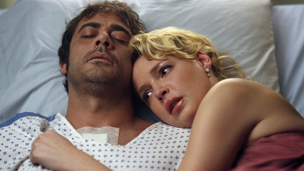 GREY'S ANATOMY - In the first hour of part two of the season finale of ABC's "Grey's Anatomy" -- "Deterioration of the Fight or Flight Response" -- Izzie and George attend to Denny as the pressure increases to find him a new heart, Cristina suddenly finds herself in charge of an ER, and Derek grapples with the realization that the life of a friend is in his hands. In the second hour, "Losing My Religion," Richard goes into interrogation mode about a patient's condition, Callie confronts George about his feelings for her, and Meredith and Derek meet about Doc. Part two of the season finale of "Grey's Anatomy" airs MONDAY, MAY 15 (9:00-11:00 p.m., ET) on the ABC Television Network. (ABC/SCOTT GARFIELD)JEFFERY DEAN MORGAN, KATHERINE HEIGL