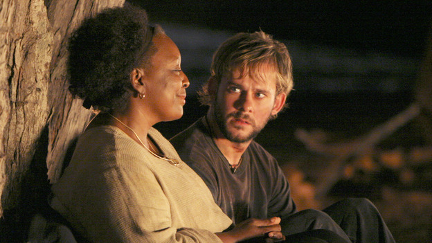 LOST - "Whatever the Case May Be" - Jack, Kate and Sawyer fight over possession of a newly discovered locked metal briefcase which might contain insights into Kate's mysterious past. Meanwhile, Sayid asks a reluctant Shannon to translate notes he took from the French woman, a rising tide threatens to engulf the fuselage and the entire beach encampment, and Rose and a grieving Charlie tentatively bond over Claire's baffling disappearance, on "Lost," WEDNESDAY, JANUARY 5 (8:00-9:00 p.m., ET), on the ABC Television Network.  (ABC/MARIO PEREZ) L. SCOTT CALDWELL, DOMINIC MONAGHAN