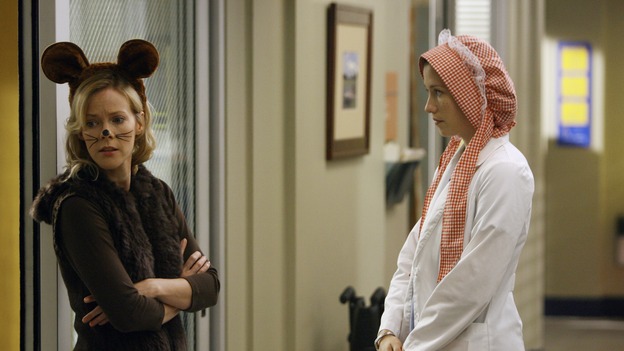 GREY'S ANATOMY - "Haunt You Every Day" - It's Halloween, and the day is full of surprises for the doctors of Seattle Grace - Alex receives an unexpected and welcome visit from his former patient, Ava/Rebecca, Meredith is convinced that her mother's ashes are haunting her, Cristina is snubbed by a surgeon she admires, and Callie announces George and Izzie's affair to their fellow doctors, on "Grey's Anatomy," THURSDAY, OCTOBER 25 (9:00-10:02 p.m., ET) on the ABC Television Network. (ABC/SCOTT GARFIELD)BHAMA ROGET, CHYLER LEIGH