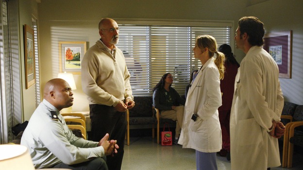 GREY'S ANATOMY - "The Becoming" - The nurses' objections to McSteamy's trysts lead to the instating of a new "date and tell" policy. Meanwhile news of Burke's latest career achievements force Cristina to face her feelings for her ex, Meredith and Derek admit a veteran soldier into their clinical trial, and Callie turns to Sloan in her time of need, on "Grey's Anatomy," THURSDAY, MAY 8 (9:00-10:02 p.m., ET) on the ABC Television Network. (ABC/VIVIAN ZINK)ANDRE WARE, JOHN M. JACKSON, ELLEN POMPEO, PATRICK DEMPSEY