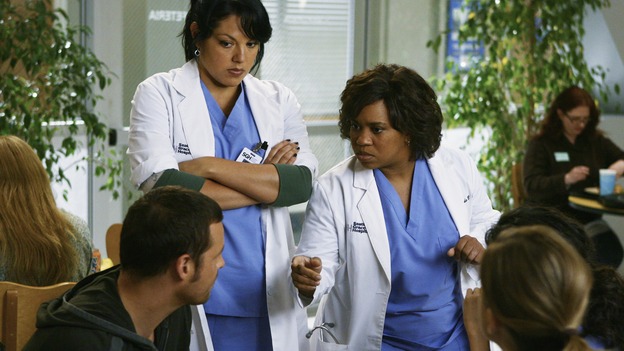 GREY'S ANATOMY - "Now or Never" - Drs. Callie Torres and Miranda Bailey lay out their plan for an intervention to keep Dr. George O'Malley from going into the U.S. Army, on "Grey's Anatomy," THURSDAY, MAY 14 (9:00-11:00 p.m., ET) on the ABC Television Network. JUSTIN CHAMBERS, SARA RAMIREZ, CHANDRA WILSON, ELLEN POMPEO, SANDRA OH (OBSCURED)