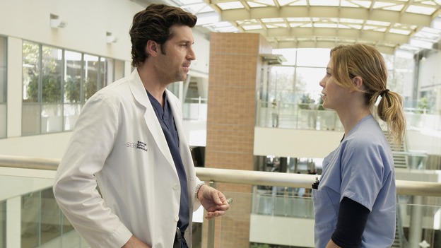 GREY'S ANATOMY - "Losing My Mind" - Dr. Wyatt refuses to let Meredith give up on therapy, Alex learns the truth about Rebecca's medical condition, the Chief insists that Erica perform a risky surgery on his mentor, and after receiving news of Burke, Cristina continues to do things contrary to her nature, going so far as cleaning her always-messy apartment, on "Grey's Anatomy," THURSDAY, MAY 15 (9:00-10:02 p.m., ET) on the ABC Television Network. (ABC/MITCH HADDAD)PATRICK DEMPSEY, ELLEN POMPEO