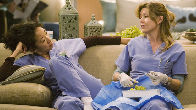 GREY'S ANATOMY - "Brave New World" - Meredith practices procedures while Cristina relaxes in&nbsp;Dermatology, on "Grey's Anatomy," THURSDAY, OCTOBER 16 (9:00-10:01 p.m., ET) on the ABC Television Network. (ABC/RANDY HOLMES) SANDRA OH, ELLEN POMPEO