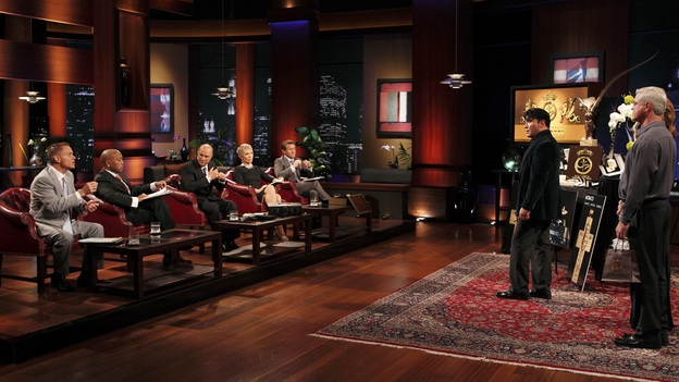 SHARK TANK - "Episode 208" -- A woman from Yardley, Pennsylvania could help cat lovers everywhere if the Sharks invest in her toilet training kit for cats, and the Sharks fight each other for a piece of a multi-million dollar company owned by a pharmacist from Palm Beach Gardens, Florida, who has invented a shoe with interchangeable tops. Also in this episode, an entrepreneur from Chicago is hoping to reposition her once successful designer line of maternity t-shirts; and an artist originally from Mexico City (now living in Chicago) and eager to make his American dream come true hopes the Sharks will want to invest in his line of extravagant yet affordable jewelry. In addition there will be a follow up from Season 1 on the father and son team behind Voyage Air Guitar and what happened to their business after turning down the Sharks' $1 million dollar offer, on the Season Finale of "Shark Tank," FRIDAY, MAY 13 (8:00-9:00 p.m., ET) on the ABC Television Network. (ABC/CRAIG SJODIN)KEVIN HARRINGTON, DAYMOND JOHN, KEVIN O'LEARY, BARBARA CORCORAN, ROBERT HERJAVEC, ALDO ORTA (ALDO ORTA JEWELRY)