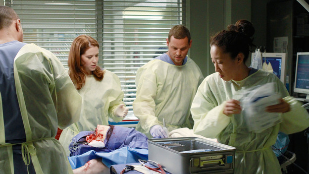 GREY'S ANATOMY - "She's Gone" - In the second hour, "She's Gone" (10:00-11:00 p.m.), news of Meredith and Derek's unsteady relationship raises a red flag for Zola's adoption counselor; Alex quickly realizes that he has become the outcast of the group after ratting out Meredith; and Cristina makes a tough decision regarding her unexpected pregnancy. Also, Chief Webber brings Henry in for a last minute surgery, alarming Teddy. "Grey's Anatomy" returns for its eighth season with a two-hour event THURSDAY, SEPTEMBER 22 (9:00-11:00 p.m., ET) on the ABC Television Network. (ABC/RON TOM)JESSE WILLIAMS, SARAH DREW, JUSTIN CHAMBERS, SANDRA OH