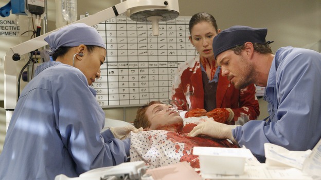 GREY'S ANATOMY - "Crash Into Me, -- Part Two" - In the stunning conclusion of a two-part episode, Meredith furiously works to save the life of a paramedic trapped inside an ambulance, as her sister, Lexie, holds the life of a patient in her hands; Derek must rely on the help of a nurse to save a patient's life, as Bailey struggles to balance her personal life with her work, on "Grey's Anatomy," THURSDAY, DECEMBER 6 (9:00-10:02 p.m., ET) on the ABC Television Network.  (ABC/VIVIAN ZINK)SANDRA OH, SETH GREEN, CHYLER LEIGH, ERIC DANE