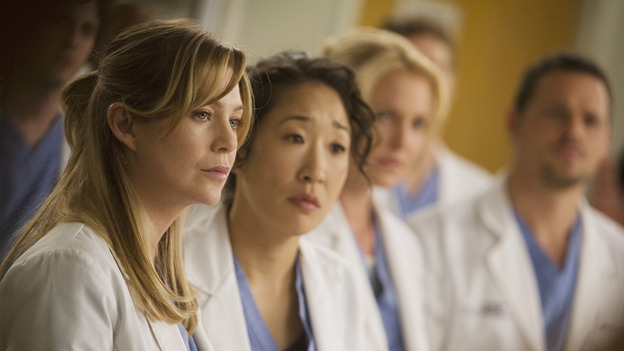 GREY'S ANATOMY - "Brave New World" - Meredith and Cristina listen to Bailey, on "Grey's Anatomy," THURSDAY, OCTOBER 16 (9:00-10:01 p.m., ET) on the ABC Television Network. (ABC/RANDY HOLMES) ELLEN POMPEO, SANDRA OH, KATHERINE HEIGL, JUSTIN CHAMBERS