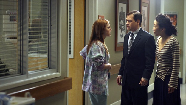 GREY'S ANATOMY - In the first hour of part two of the season finale of ABC's "Grey's Anatomy" -- "Deterioration of the Fight or Flight Response" -- Izzie and George attend to Denny as the pressure increases to find him a new heart, Cristina suddenly finds herself in charge of an ER, and Derek grapples with the realization that the life of a friend is in his hands. In the second hour, "Losing My Religion," Richard goes into interrogation mode about a patient's condition, Callie confronts George about his feelings for her, and Meredith and Derek meet about Doc. Part two of the season finale of "Grey's Anatomy" airs MONDAY, MAY 15 (9:00-11:00 p.m., ET) on the ABC Television Network. (ABC/SCOTT GARFIELD)SARAH UTTERBACK, T.R. KNIGHT, SANDRA OH
