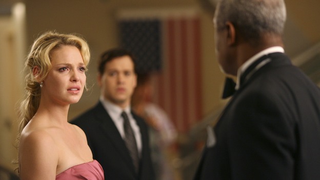GREY'S ANATOMY - In the first hour of part two of the season finale of ABC's "Grey's Anatomy" -- "Deterioration of the Fight or Flight Response" -- Izzie and George attend to Denny as the pressure increases to find him a new heart, Cristina suddenly finds herself in charge of an ER, and Derek grapples with the realization that the life of a friend is in his hands. In the second hour, "Losing My Religion," Richard goes into interrogation mode about a patient's condition, Callie confronts George about his feelings for her, and Meredith and Derek meet about Doc. Part two of the season finale of "Grey's Anatomy" airs MONDAY, MAY 15 (9:00-11:00 p.m., ET) on the ABC Television Network. (ABC/SCOTT GARFIELD)KATHERINE HEIGL, T.R. KNIGHT, JAMES PICKENS, JR.
