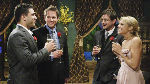 THE BACHELORETTE - "Episode 608" - The stakes are high as Ali returns to the U.S. from her exciting world tour for an emotionally charged journey across the country to visit Roberto, Chris L., Kirk and Frank in their hometowns. Her bonds are growing stronger with these men, but she is severely tested by some of the families. Just how ready are these bachelors for marriage? Ali is about to find out from the people who know them best, and in a heartbreaking turn, she must send one man home, on "The Bachelorette," MONDAY, JULY 12 (8:00-10:02 p.m., ET), on the ABC Television Network. (ABC/RICK ROWELL) ROBERTO, PHILIP, FRANK, ALI FEDOTOWSKY