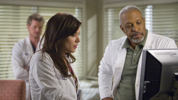 GREY'S ANATOMY - "Piece of My Heart" - Addison returns to Seattle Grace to perform an operation and is taken aback by all of the changes in her old co-workers' lives. Meanwhile Meredith and Derek's clinical trial has its first patient, and Rebecca/Ava returns with shocking news for Alex, on "Grey's Anatomy," THURSDAY, MAY 1 (9:00-10:01 p.m., ET) on the ABC Television Network.  (ABC/RANDY HOLMES)ERIC DANE (BACKGROUND), KATE WALSH, JAMES PICKENS JR.