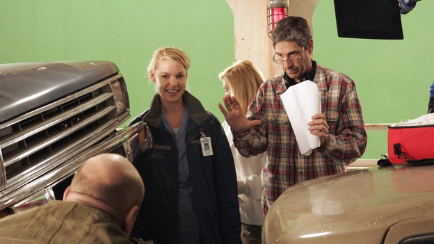 GREY'S ANATOMY - "Walk on Water" - Producer/director Rob Corn (right) coaches Katherine Heigl (left) while shooting "Grey's Anatomy." (ABC/VIVIAN ZINK)
