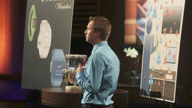 SHARK TANK - "Episode 302" - The Sharks tear into the business idea of a Phoenix, AZ man who wants them to invest in a watch he claims provides health benefits; a stay-at-home mom from Gilbert, AZ could lose her gourmet pretzel business if she leaves the Tank without an investor; a man from Bozeman, MT with a no-tools-required furniture system hopes he can assemble a deal; and an inventor from Fullerton, CA has a small but powerful idea that could make him a millionaire. Also, Johnson Barley from Broken Arrow, OK, whose Original Man Candle did not spark a deal with the Sharks in Season Two, talks about his business since his appearance, on "Shark Tank," FRIDAY, FEBRUARY 24 (8:00-9:00 p.m., ET) on the ABC Television Network. (ABC/MICHAEL ANSELL)RYAN NAYLOR (ESSO WATCHES)