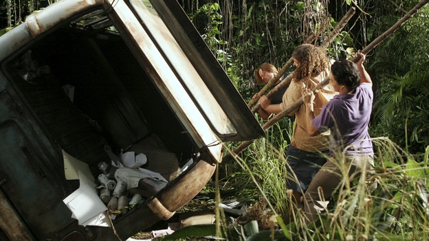 LOST - "Tricia Tanaka Is Dead" - Hurley's discovery of an old, wrecked car on the island leads him on a mission of hope not only for himself, but for a fellow survivor in need of some faith. Meanwhile, Kate and Sawyer reunite with their fellow castaways, but Kate is still torn about leaving Jack behind with "The Others," on "Lost," WEDNESDAY, FEBRUARY 28 (10:00-10:00 p.m., ET), on the ABC Television Network. (ABC/MARIO PEREZ)JOSH HOLLOWAY, JORGE GARCIA, DANIEL DAE KIM