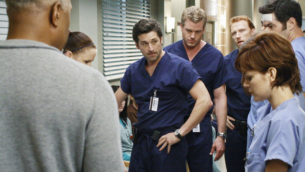 GREY'S ANATOMY - "I Saw What I Saw" - After a burn victim unexpectedly dies in the midst of a chaotic ER, the Chief and board member Jennings interrogate the residents to find the culprit, as all the Mercy West and Seattle Grace resident defends their actions in an effort to save their jobs, on "Grey's Anatomy," THURSDAY, OCTOBER 22 (9:00-10:01 p.m., ET) on the ABC Television Network. (ABC/RON TOM) JAMES PICKENS JR., CHYLER LEIGH, PATRICK DEMPSEY, ERIC DANE, KEVIN MCKIDD, NORA ZEHETNER, ROBERT BAKER