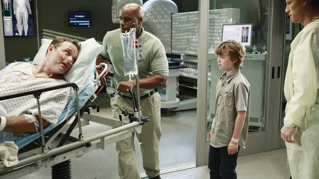 GREY'S ANATOMY - "Can't Fight This Feeling" - A gas tanker explodes on a Seattle highway, causing multiple injuries -- including paramedic Matthew; Meredith and Jo help a frantic mother (Sarah Chalke) whose child is suffering from a mysterious illness; and Owen bonds with a young boy whose parents are in critical condition. Meanwhile true colors are revealed when Alex is forced to work with Jo's boyfriend on an ailing patient, on "Grey's Anatomy," THURSDAY, MARCH 28 (9:00-10:02 p.m., ET) on the ABC Television Network. (ABC/Ron Tom)MICHAEL BALE, KYLE SILVERSTEIN, KEVIN MCKIDD
