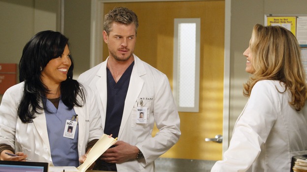 GREY'S ANATOMY - "The Becoming" - The nurses' objections to McSteamy's trysts lead to the instating of a new "date and tell" policy. Meanwhile news of Burke's latest career achievements force Cristina to face her feelings for her ex, Meredith and Derek admit a veteran soldier into their clinical trial, and Callie turns to Sloan in her time of need, on "Grey's Anatomy," THURSDAY, MAY 8 (9:00-10:02 p.m., ET) on the ABC Television Network.  (ABC/VIVIAN ZINK)SARA RAMIREZ, ERIC DANE, BROOKE SMITH