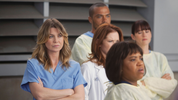 GREY'S ANATOMY - "Free Falling" - In the first hour, "Free Falling" (9:00-10:00 p.m.), the fifth-year residents return for the first day of a year that will make or break their careers: Meredith faces the consequences of tampering with Derek's clinical trial and is terminated at the hospital; April tries to step up to the plate as Chief Resident in the wake of a giant sinkhole in the middle of Seattle; and Cristina and Owen are still at odds over their drastically different feelings for their unborn child. "Grey's Anatomy" returns for its eighth season with a two-hour event THURSDAY, SEPTEMBER 22 (9:00-11:00 p.m., ET) on the ABC Television Network. (ABC/RANDY HOLMES)ELLEN POMPEO, JESSE WILLIAMS, SARAH DREW, CHANDRA WILSON, CHYLER LEIGH