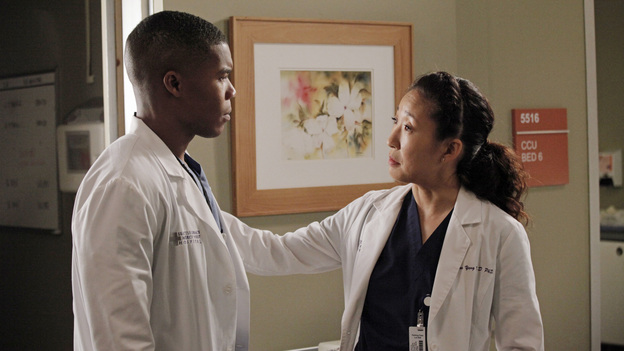GREY'S ANATOMY - "I Was Made for Lovin' You" - Cristina and Owen continue to figure out their relationship amidst the pending lawsuit; and Bailey argues with Ben over plans for their upcoming nuptials. Meanwhile, Callie recruits Jackson to help find a solution to Derek's hand, but he is preoccupied by a shocking situation with April, on "Grey's Anatomy," THURSDAY, NOVEMBER 29 (9:00-10:02 p.m., ET) on the ABC Television Network. (ABC/RICHARD CARTWRIGHT)GAIUS CHARLES, SANDRA OH
