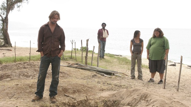 LOST -- "Three Minutes" - A determined Michael convinces Jack and several castaways to help him rescue Walt from "The Others." Meanwhile, Charlie struggles with Eko's decision to discontinue building the church, on "Lost," WEDNESDAY, MAY 17 (9:00-10:01 p.m., ET), on the ABC Television Network. (ABC/MARIO PEREZ)JOSH HOLLOWAY, HAROLD PERRINEAU, EVANGELINE LILY, JORGE GARCIA